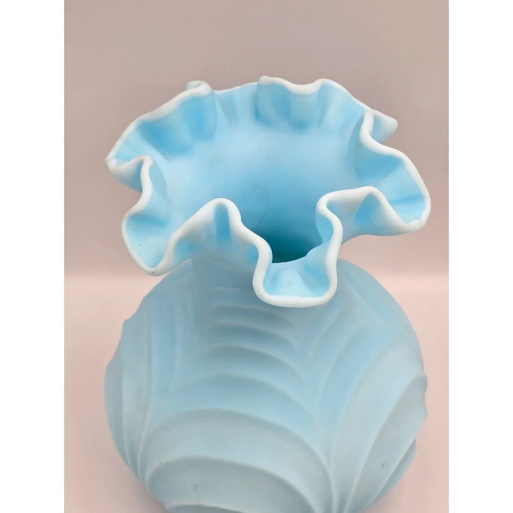 Fenton Vintage Satin Glass Vase Blue‎ Ruffled Rim 8 Inch Light Blue Embossed